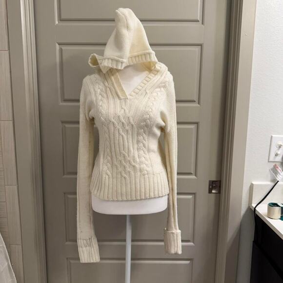 Y2K Coquette White Cable Knit V-Neck Pullover Hoodie Top - Picture 1 of 5